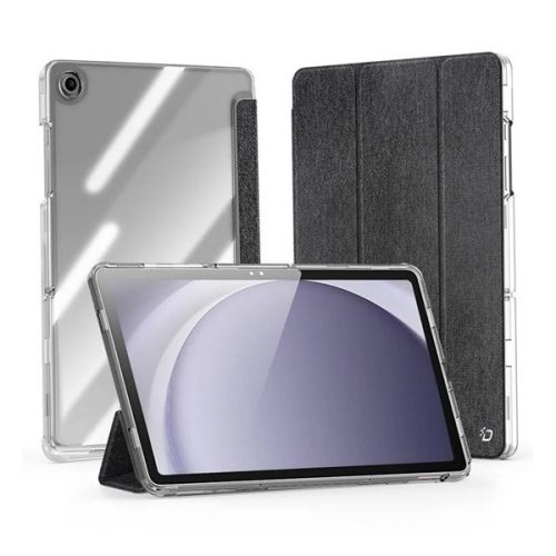 Samsung Galaxy Tab A9 Plus (11.0) SM-X210 / X215 / X216B, mappa tok, közepesen ütésálló, textil hatású előlap, átlátszó hátlap, Trifold, Dux Ducis Unid, fekete