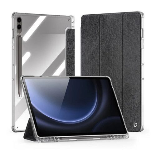 Samsung Galaxy Tab S9 FE Plus (12.4) SM-X610 / X616B, mappa tok, érintőceruza tartó, közepesen ütésálló, textil hatású előlap, átlátszó hátlap, Trifold, Dux Ducis Unid, fekete