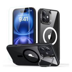   Apple iPhone 16, Szilikon tok, közepesen ütésálló, légpárnás sarok, kitámasztóval, üvegfóliával, Magsafe kompatibilis, ESR Classic Hybrid Stash Stand HaloLock, átlátszó/fekete