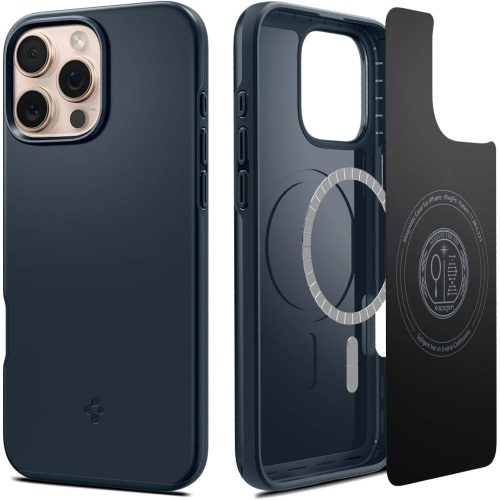 Apple iPhone 16 Pro, Műanyag hátlap védőtok + szilikon keret, ultravékony, Magsafe töltővel kompatibilis, Spigen Thin Fit Mag, sötétkék