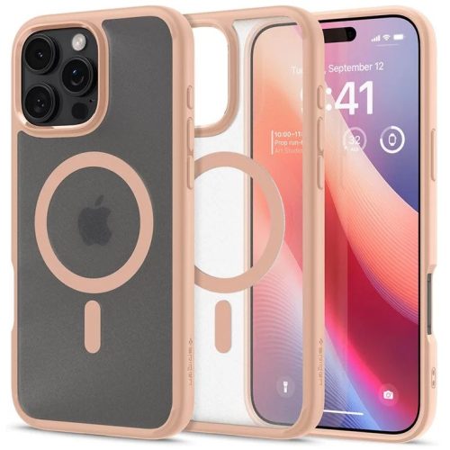 Apple iPhone 16 Pro Max, Műanyag hátlap védőtok + szilikon keret, Magsafe töltővel kompatibilis, Spigen Ultra Hybrid Mag Matte, áttetsző/vörösarany