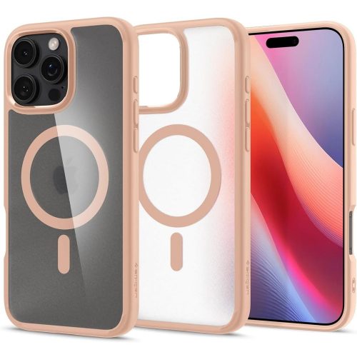 Apple iPhone 16 Pro, Műanyag hátlap védőtok + szilikon keret, Magsafe töltővel kompatibilis, Spigen Ultra Hybrid Mag Matte, áttetsző/vörösarany
