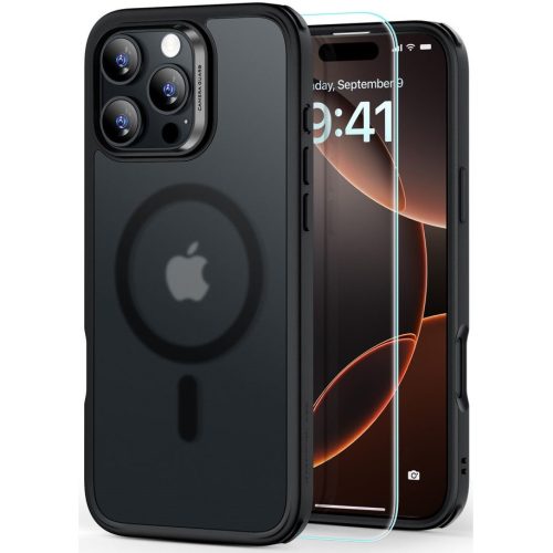 Apple iPhone 16 Pro Max, Szilikon tok, közepesen ütésálló, légpárnás sarok, üvegfóliával, Magsafe kompatibilis, ESR Classic Hybrid HaloLock, áttetsző/fekete