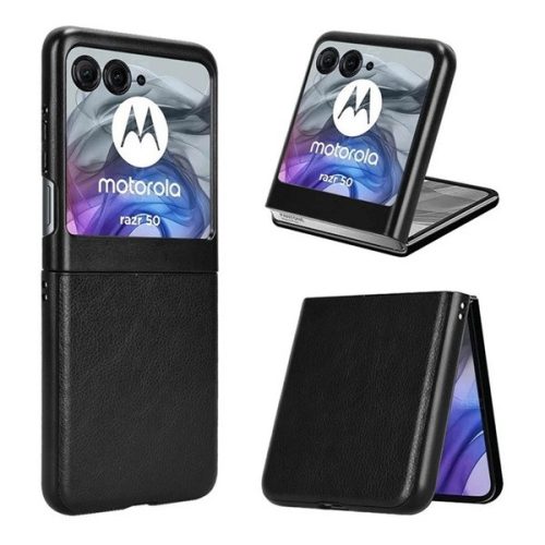 Motorola Razr 50, Műanyag hátlap védőtok, bőrhatású hátlap, fekete