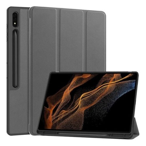 Samsung Galaxy Tab S9 Ultra 14.6 / Tab S10 Ultra 14.6 SM-X910 / X916B / X920 / X926B, mappa tok, Trifold, érintőceruza tartó, szürke