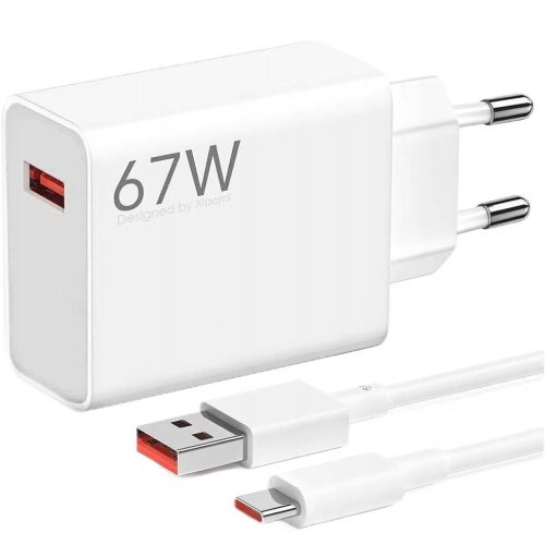 Hálózati töltő adapter, 67W, USB aljzat, USB Type-C kábellel, gyorstöltés, Xiaomi Hypercharge Combo, fehér, gyári