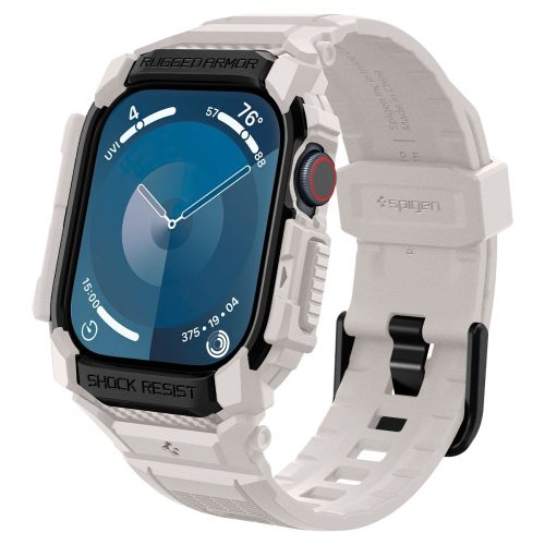 Apple Watch 10 (46 mm), Szilikon védőkeret, ütésálló, szíjjal, Spigen Rugged Armor Pro, bézs
