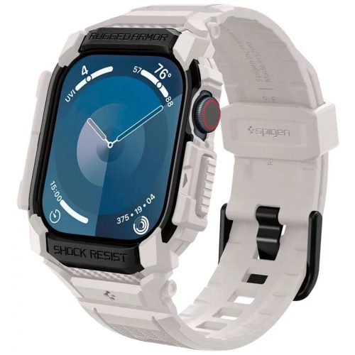 Apple Watch 10 (42 mm), Szilikon védőkeret, ütésálló, szíjjal, Spigen Rugged Armor Pro, bézs