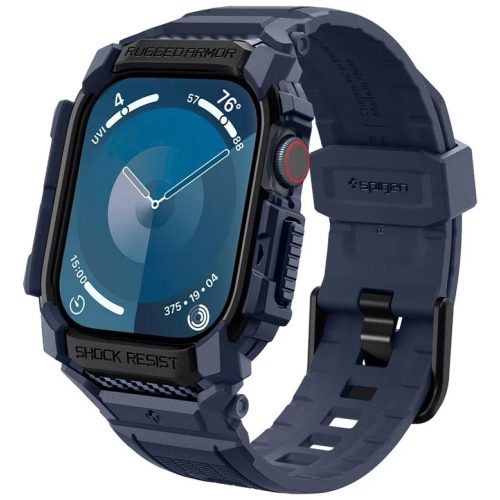 Apple Watch 10 (42 mm), Szilikon védőkeret, ütésálló, szíjjal, Spigen Rugged Armor Pro, sötétkék