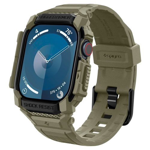 Apple Watch 10 (46 mm), Szilikon védőkeret, ütésálló, szíjjal, Spigen Rugged Armor Pro, sötétzöld