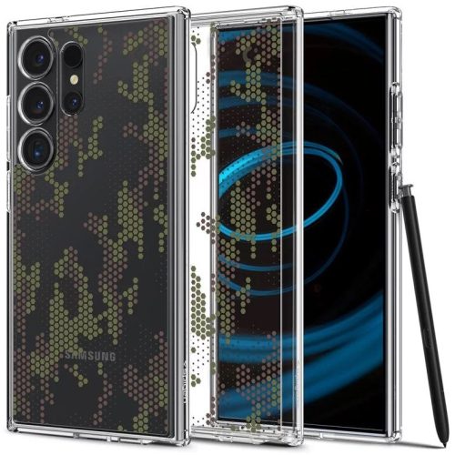 Samsung Galaxy S24 Ultra SM-S928, Műanyag hátlap védőtok + szilikon keret, hatszög minta, Spigen Ultra Hybrid Digital Camo, átlátszó/zöld