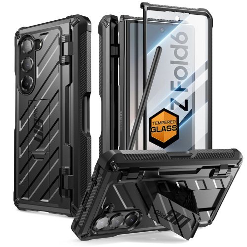 Samsung Galaxy Z Fold6 SM-F956B, Műanyag hátlap védőtok + képernyővédő, közepesen ütésálló, zsanérvédő, ceruza tartó, telefontartó gyűrű, kitámasztóval, SupCase Unicorn Beetle Pro, fekete