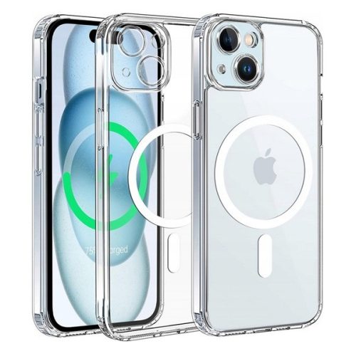 Apple iPhone 15 Plus, Szilikon tok, közepesen ütésálló,  légpárnás sarok, Magsafe kompatibilis, átlátszó