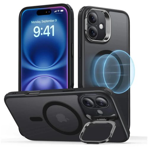 Apple iPhone 16, Szilikon tok, közepesen ütésálló, légpárnás sarok, kitámasztóval, Magsafe kompatibilis, ESR Classic Hybrid Stash Stand HaloLock, áttetsző/fekete