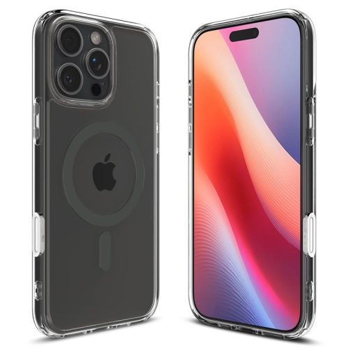 Apple iPhone 16 Pro Max, Műanyag hátlap védőtok + szilikon keret, Magsafe töltővel kompatibilis, érintő funkciós gombfedéllel, Spigen Ultra Hybrid "T" Mag, átlátszó/szürke
