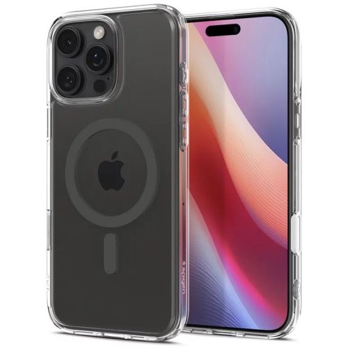 Apple iPhone 16 Pro, Műanyag hátlap védőtok + szilikon keret, Magsafe töltővel kompatibilis, érintő funkciós gombfedéllel, Spigen Ultra Hybrid "T" Mag, átlátszó/szürke