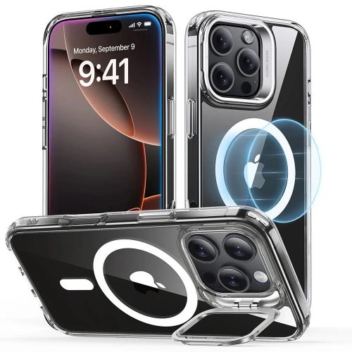 Apple iPhone 16 Pro, Szilikon tok, közepesen ütésálló, légpárnás sarok, kitámasztóval, Magsafe kompatibilis, ESR Classic Hybrid Stash Stand HaloLock, átlátszó
