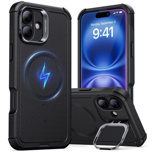Apple iPhone 16, Műanyag hátlap védőtok, szilikon belső, közepesen ütésálló, légpárnás sarok, kitámasztóval, Magsafe kompatibilis, ESR Cyber Tough Stash Stand HaloLock, fekete