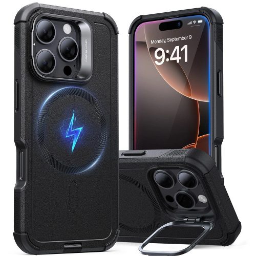 Apple iPhone 16 Pro, Műanyag hátlap védőtok, szilikon belső, közepesen ütésálló, légpárnás sarok, kitámasztóval, Magsafe kompatibilis, ESR Cyber Tough Stash Stand HaloLock, fekete