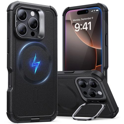 Apple iPhone 16 Pro Max, Műanyag hátlap védőtok, szilikon belső, közepesen ütésálló, légpárnás sarok, kitámasztóval, Magsafe kompatibilis, ESR Cyber Tough Stash Stand HaloLock, fekete