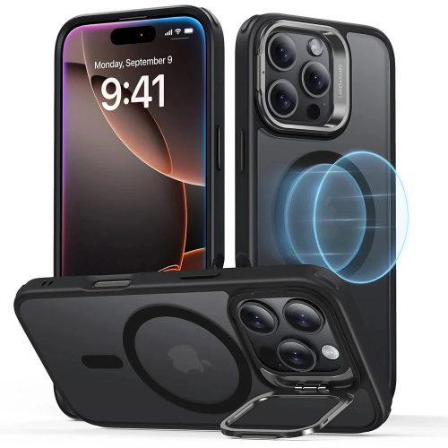 Apple iPhone 16 Pro Max, Szilikon tok, közepesen ütésálló, légpárnás sarok, kitámasztóval, Magsafe kompatibilis, ESR Classic Hybrid Stash Stand HaloLock, áttetsző/fekete