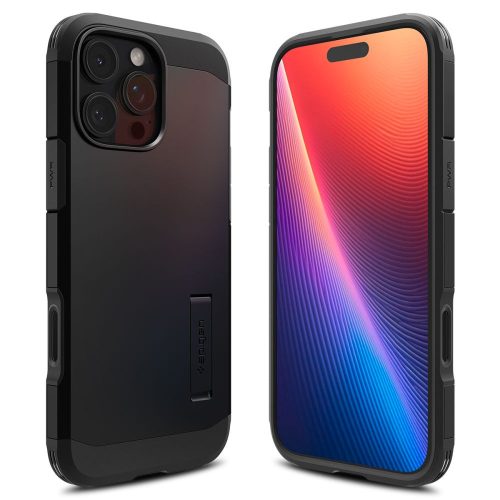 Apple iPhone 16 Pro, Szilikon tok + műanyag hátlap, Magsafe töltővel kompatibilis, kitámasztóval, érintő funkciós gombfedéllel, Spigen Tough Armor "T" Mag, fekete