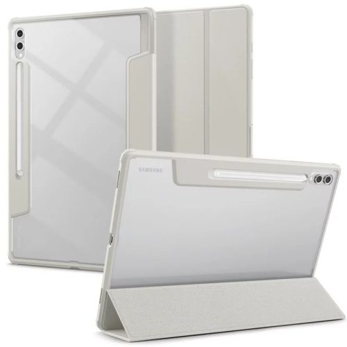 Samsung Galaxy Tab S9 Ultra 14.6 / Tab S10 Ultra 14.6 SM-X910 / X916B / X920 / X926B, mappa tok, légpárnás sarok, közepesen ütésálló, érintőceruza tartóval, Trifold, Spigen Ultra Hybrid Pro, átlátszó/szürke