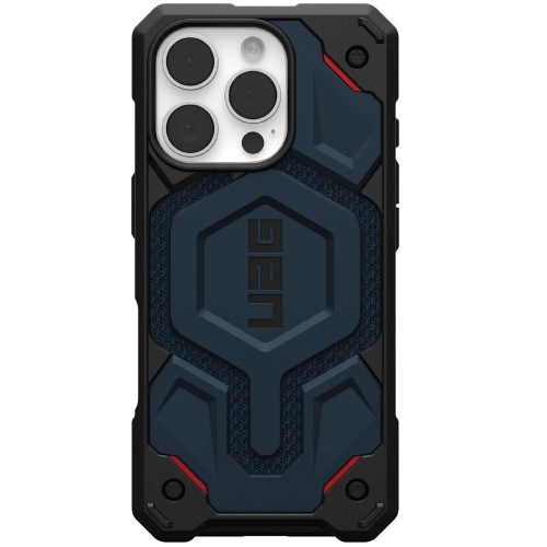 Apple iPhone 16 Pro, Műanyag hátlap védőtok, szilikon belső, közepesen ütésálló, Magsafe töltővel kompatibilis, textil minta, kevlár borítás, UAG Monarch Pro Kevlar, mintás/sötékék