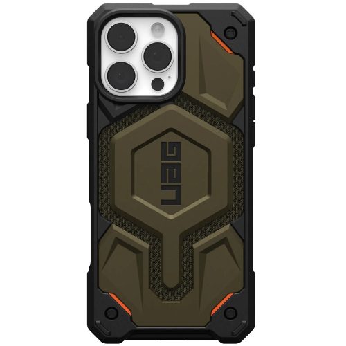 Apple iPhone 16 Pro Max, Műanyag hátlap védőtok, szilikon belső, közepesen ütésálló, Magsafe töltővel kompatibilis, textil minta, kevlár borítás, UAG Monarch Pro Kevlar, mintás/zöld