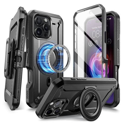 Apple iPhone 16 Pro Max, Műanyag hátlap védőtok + képernyővédő, közepesen ütésálló, telefontartó gyűrű, kitámasztóval, övre fűzhető, Magsafe töltővel kompatibilis, SupCase Unicorn Beetle Pro Mag, fekete