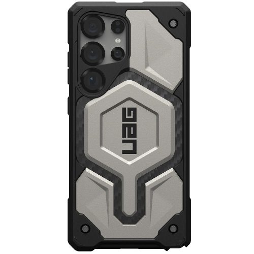 Samsung Galaxy S25 Ultra SM-S938, Műanyag hátlap védőtok, szilikon belső, közepesen ütésálló, mágneses, karbon minta, UAG Monarch Pro, mintás/titánium