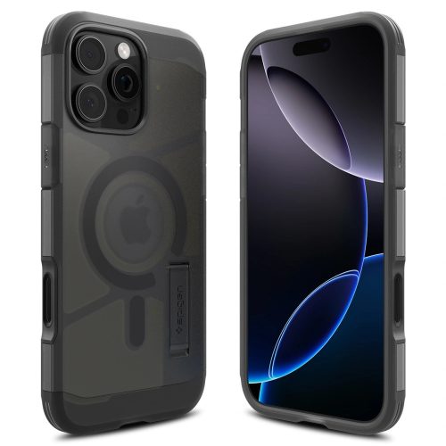 Apple iPhone 16 Pro, Szilikon tok + műanyag hátlap, Magsafe töltővel kompatibilis, kitámasztóval, érintő funkciós gombfedéllel, matt, Spigen Tough Armor "T" Mag, fekete