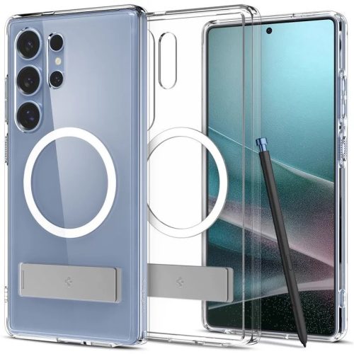 Samsung Galaxy S25 Ultra SM-S938, Műanyag hátlap védőtok + szilikon keret, kitámasztóval, Magsafe töltővel kompatibilis, Spigen Ultra Hybrid "S" Mag, átlátszó/fehér