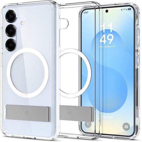 Samsung Galaxy S25 SM-S931, Műanyag hátlap védőtok + szilikon keret, kitámasztóval, Magsafe töltővel kompatibilis, Spigen Ultra Hybrid "S" Mag, átlátszó/fehér