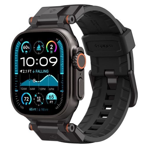 Apple Watch 4-6, SE, SE (2022) (42 / 44 mm) / Watch 7-9 (45 mm) / Watch 10 (46 mm) / Watch Ultra 1-2 (49 mm), szilikon pótszíj, fém csatlakozással,  Spigen DuraPro Armor Black Edition, fekete