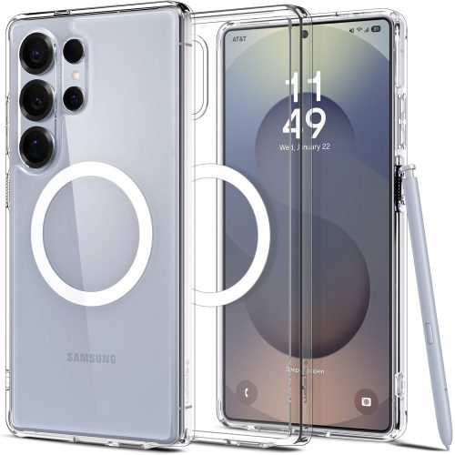Samsung Galaxy S25 Ultra SM-S938, Műanyag hátlap védőtok + szilikon keret, Magsafe töltővel kompatibilis, Spigen Ultra Hybrid Mag, átlátszó/fehér