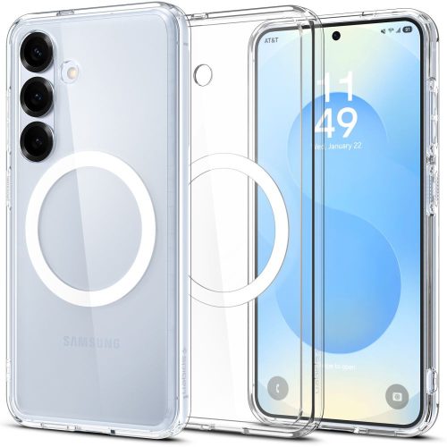 Samsung Galaxy S25 SM-S931, Műanyag hátlap védőtok + szilikon keret, Magsafe töltővel kompatibilis, Spigen Ultra Hybrid Mag, átlátszó/fehér