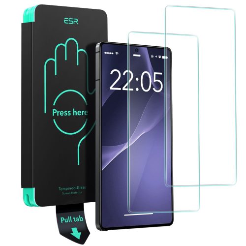 Samsung Galaxy S25 Ultra SM-S938, Kijelzővédő fólia, ütésálló fólia (az íves részre NEM hajlik rá!), Tempered Glass (edzett üveg), segéd kerettel, ESR, Clear, 2 db / csomag
