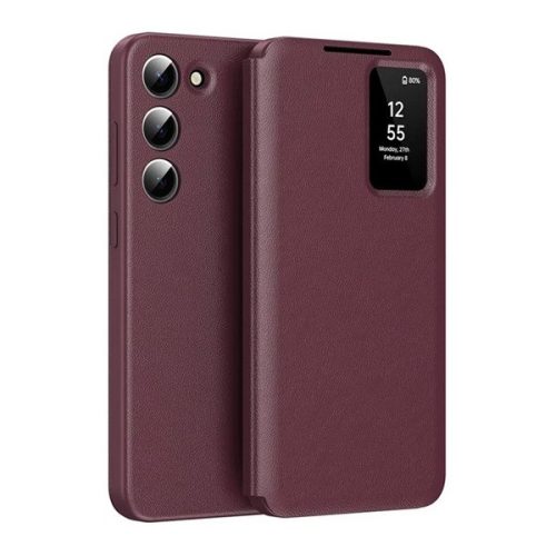 Samsung Galaxy S25 SM-S931, Oldalra nyíló tok, hívás mutatóval, kártyatartóval, Smart View Cover, bordó