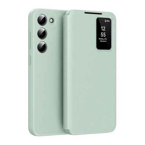 Samsung Galaxy S25 SM-S931, Oldalra nyíló tok, hívás mutatóval, kártyatartóval, Smart View Cover, világoszöld