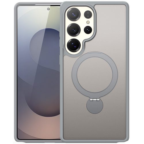 Samsung Galaxy S25 Ultra SM-S938, Műanyag hátlap védőtok + szilikon keret, közepesen ütésálló, légpárnás sarok, kitámasztóval, Magsafe kompatibilis, Dux Ducis Yind, áttetsző/szürke