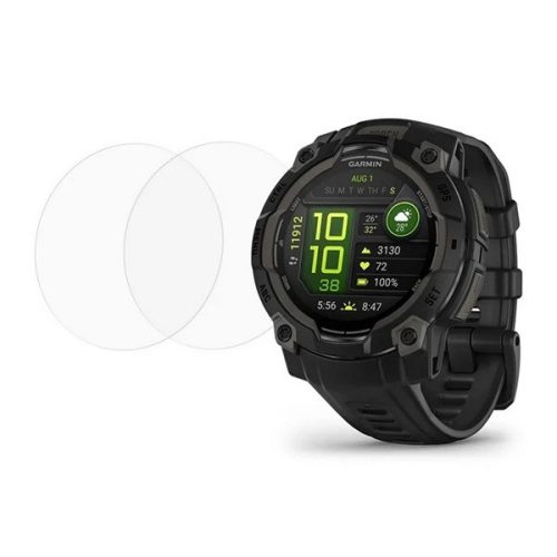 Garmin Instinct 3 (45 mm) /  Instinct 3 Solar (45 mm), Kijelzővédő fólia, ütésálló fólia (az íves részre nem hajlik rá!), Tempered Glass (edzett üveg), Clear, 2 db / csomag