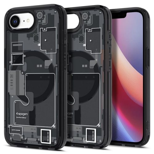 Apple iPhone 16e, Műanyag hátlap védőtok + szilikon keret, Magsafe töltővel kompatibilis, iPhone belső minta, Spigen Ultra Hybrid Zero One Mag, átlátszó/füst
