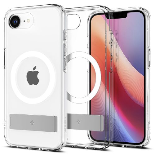 Apple iPhone 16e, Műanyag hátlap védőtok + szilikon keret, kitámasztóval, Magsafe töltővel kompatibilis, Spigen Ultra Hybrid "S" Mag, átlátszó/fehér