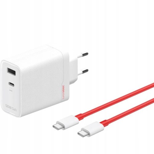 Hálózati töltő adapter, 120W, USB aljzat, USB Type-C aljzat, USB Type-C - USB Type-C kábellel, gyorstöltés, PD, QC, PPS, GaN, OnePlus SuperVooc, fehér, gyári