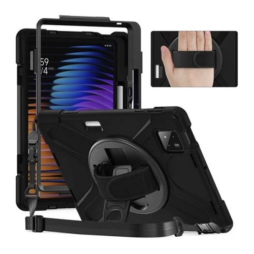 Xiaomi Pad 7 (11.2) / Pad 7 Pro (11.2), Műanyag hátlap védőtok, szilikon belső, kitámasztóval, kézpánt, vállpánt, Defender, fekete