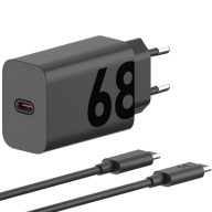   Hálózati töltő adapter, 68W, USB Type-C aljzat, USB Type-C - USB Type-C kábellel, PD, GaN, gyorstöltés, Motorola TurboPower, fekete, gyári