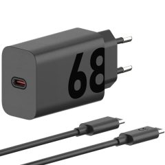   Hálózati töltő adapter, 68W, USB Type-C aljzat, USB Type-C - USB Type-C kábellel, PD, GaN, gyorstöltés, Motorola TurboPower, fekete, gyári