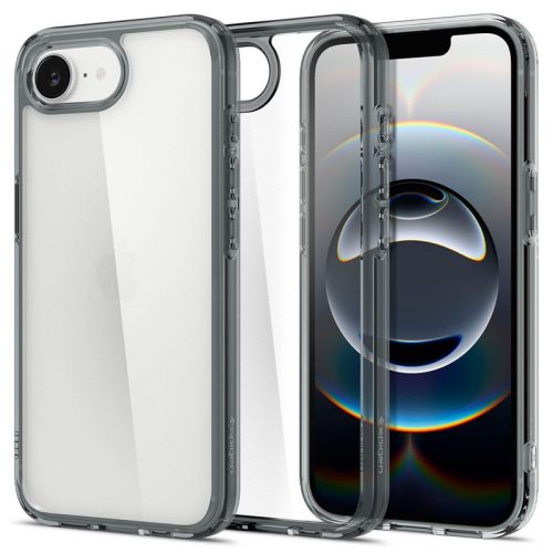Apple iPhone 16e, Műanyag hátlap védőtok + szilikon keret, Spigen Ultra Hybrid, átlátszó/füst