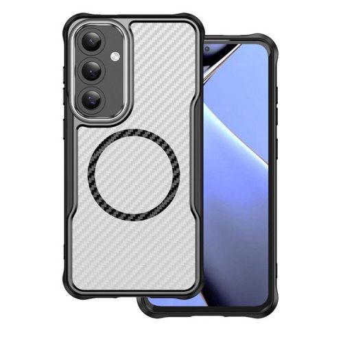 Samsung Galaxy S25 SM-S931, Szilikon tok, közepesen ütésálló, légpárnás sarok, kameravédő keret, Magsafe töltővel kompatibilis, karbon minta, fekete